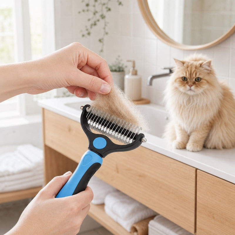 Poils morts retirés avec la brosse PawBrush Pro devant un chat persan
