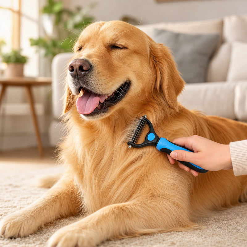 Brosse anti-poils PawBrush Pro sur un golden retriever heureux au salon